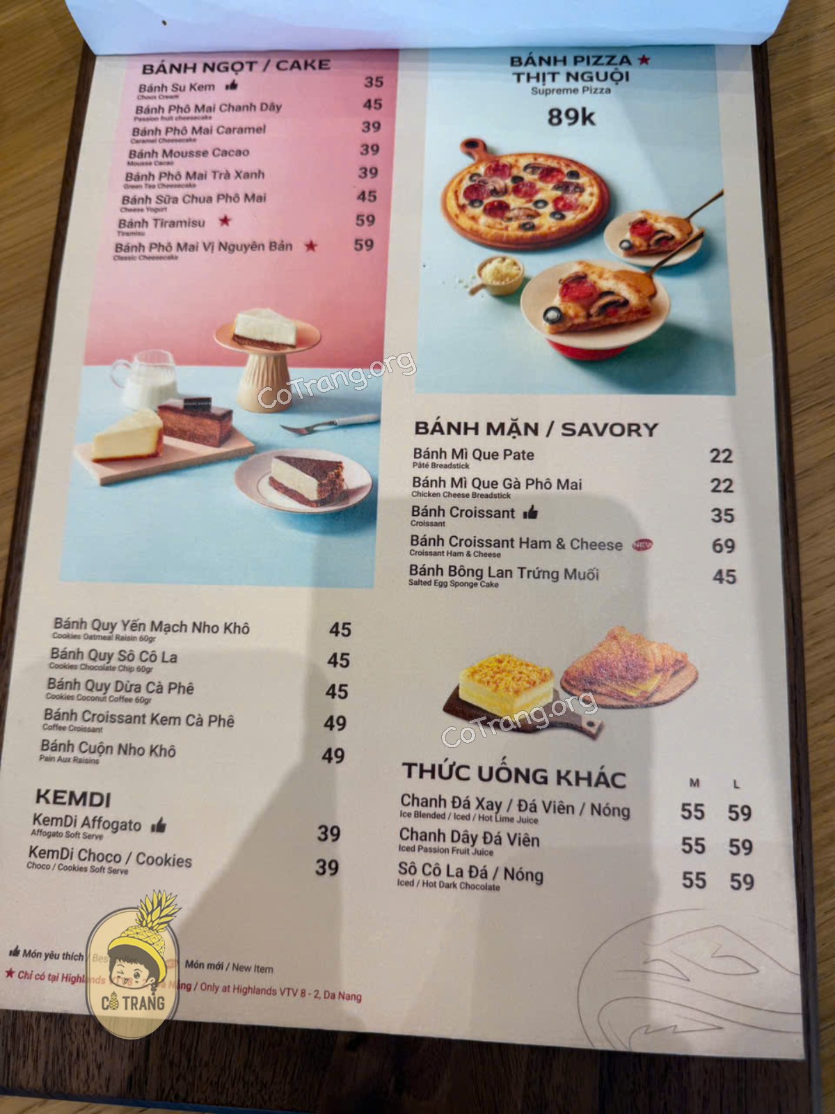 Menu đồ uống tại Highlands Coffee Đà Nẵng